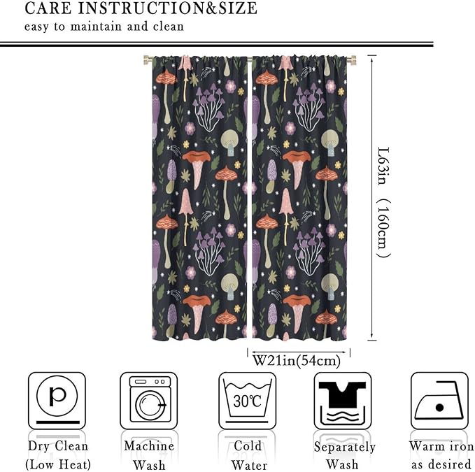 Mushroom Curtains,Colorful Plant Forest Botanical Print Window Treatments for Bedroom Living Room Kitchen Cartoon Herbs Floral Window Drapes 2 Panels Set,Total Size 42 x 63 Inch