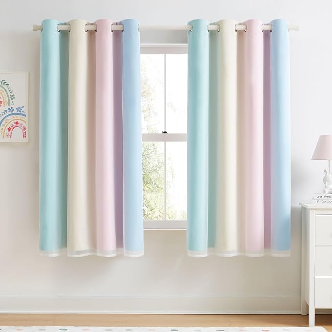 Rainbow Ombre 100% Blackout Curtains 63 Inches Long 2 Panels for Kids Bedroom Living Room Double Layer Sheer Overlay Mix & Match Grommet Thermal Insulated Soundproof Drapes with Tiebacks