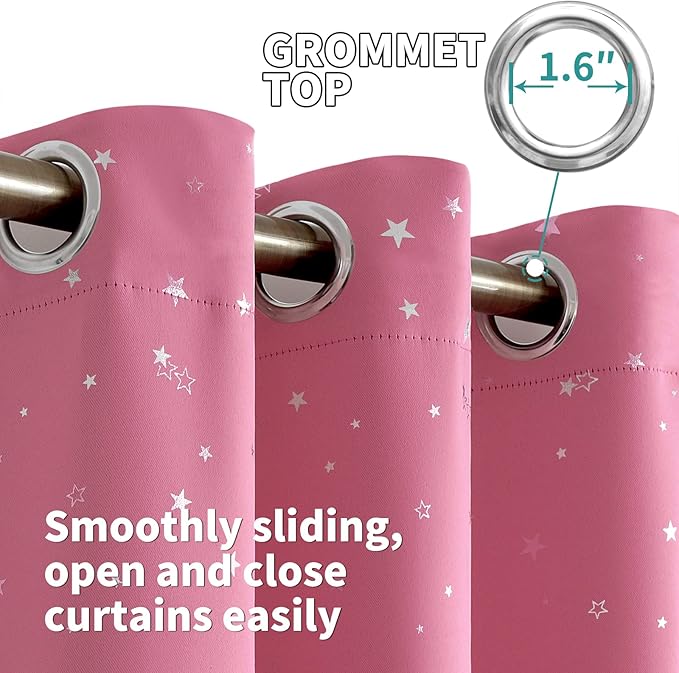 BGment Kids Blackout Curtains for Bedroom - Grommet Thermal Insulated Silver Star Print Room Darkening Curtains for Living Room, Set of 2 Panels (52 x 102 Inch, Pink)