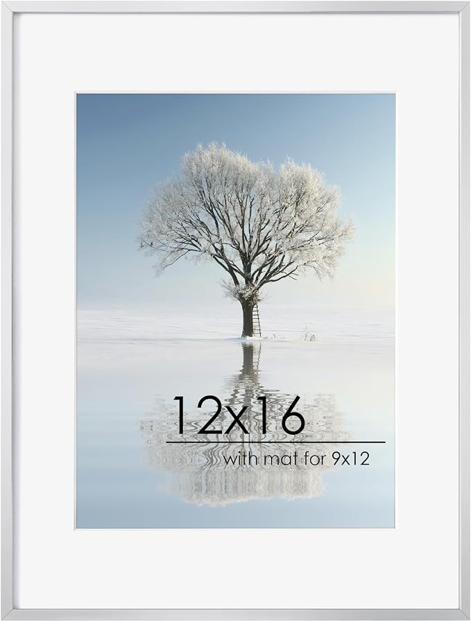 FLYJOE 12x16 Metal Picture Frame for Wall With Mat for 9x12, 12''x16'' Aluminum Certificate Document Frames With Plexiglass, Minimalist Modern Poster Frame Horizontally And Vertically, Silver