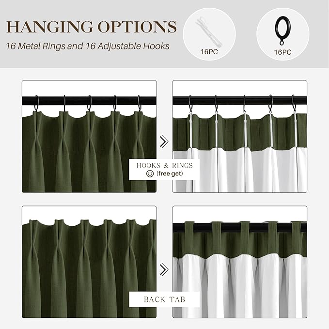 IVAPUPU Linen Pinch Pleated Blackout Curtains for Bedroom - Full Black Out Green Curtains 90 Inch 2 Panels Set for Living Room Darkening Thermal Window Curtain Drapes for Christmas Decor