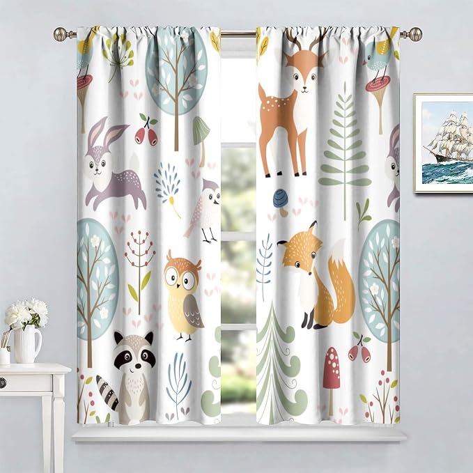 Nursery Safari Animals Curtains, Baby Boy Girl Kids Woodland Jungle Forest Lion Elephant Printed Curtains for Living Room Bedroom Window Drapes 2 Panel Sets72x63 Inch