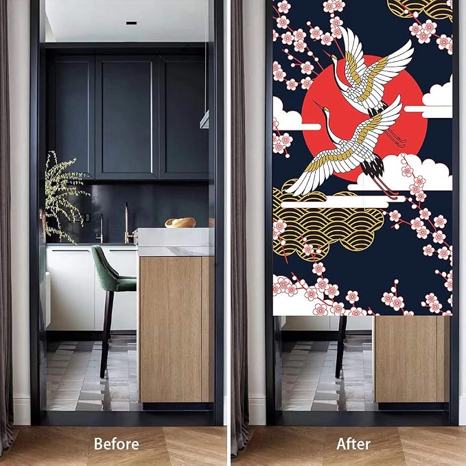 Ofat Home Crane & Sakura Noren Curtain 33.5" x 59" Japanese Style | Flying crane and cherry blossom design with rising sun motif, elegant Asian style fabric hanging curtain for doorway decor