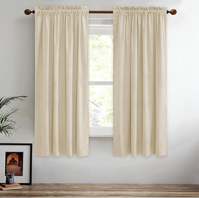 StangH Luxury Beige Velvet Curtains 63 inches Long Farmhouse Decor 2 Panels Set, Light Blocking Small Window Curtains/Drapes Thermal Insulated for Kids Bedroom/Nursery, W52 x L63