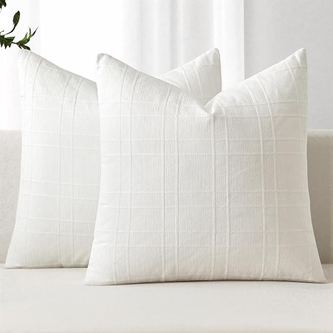 MIULEE Decorative Linen Check Throw Pillow Covers Neutral Farmhouse Vintage Pillow Covers 20x20 Set of 2 Boho Modern Home Decor for Sofa Couch Bedroom Cushion Cream White