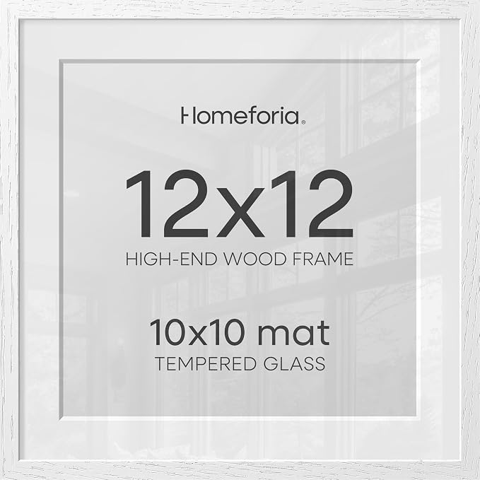 Homeforia 12x12 White Frame Wood, High End Oak 12 x 12 Square Picture Frames with Mat 10 by 10 inches Photo, 12by12 White Wooden Poster Frames Matted to 10x10 Print, Tempered Glass, Wall Kit, Set of 2