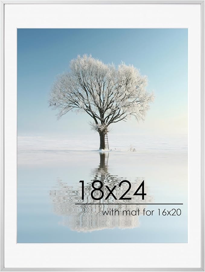 FLYJOE 18x24 Metal Picture Frame For Wall With Mat For 16x20, 18''x24'' Aluminum Photo Frames With Tempered Glass, Minimalist Modern Poster Frame Horizontal And Vertical Formats, Silver