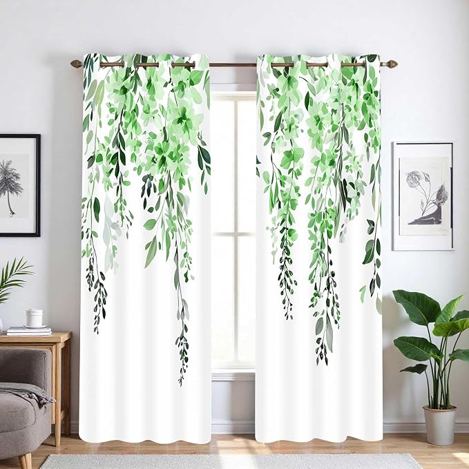 Green Watercolor Floral Curtains, Botanical Leaves Vine Flowers Curtain, Rustic Farmhouse Flower Leaf Blackout Window Treatment Drapes for Bedroom Living Room 52x96 inch, 2 Panels