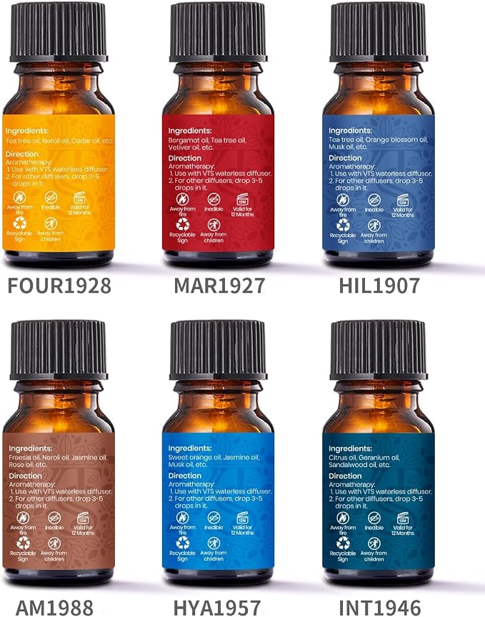 VTS Waterless Diffuser with Hotel Scent Essential Oils Set, Top 6 Aromatherapy Oil Blends for Diffusers, Home Fragrance Air Freshener