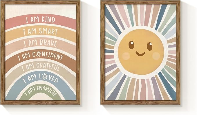 2 Piece Framed Boho Rainbow Kids Room Wall Art 16x24 Inch | Positive Affirmations Playroom Wall Decor, Sun Smiley Face Nursery Painting Canvas Prints for Classroom Toddler Room Decor
