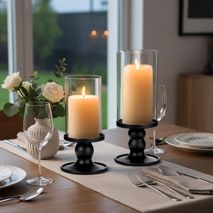 NITIME 2Pcs Hurricane Candle Holder for Pillar Candles, Black Candle Holders with Clear Glass Sleeve for Table Centerpieces,Pillar Candle Holders for Home Decor, Wedding, Holiday and Party Decor