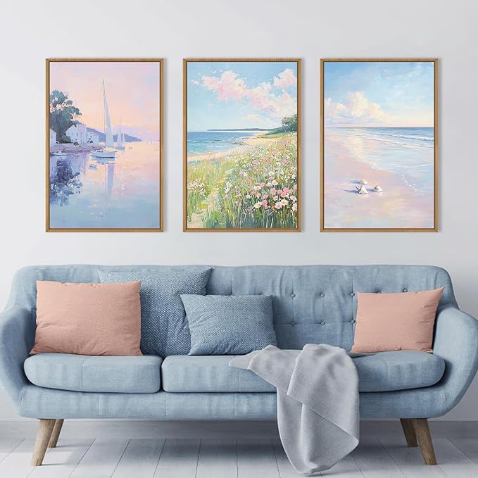 Pink Beach Dreamy Coastal Framed Canvas Wall Art Set,Watercolor Colorful Floral Sailboat Seascape Wall Decor,Soft Preppy Pastel Wildflower Artwork for Living Room,Farmhouse- 16"x24"x3