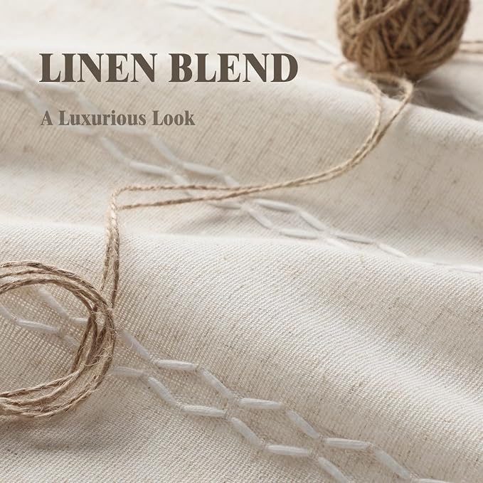 Boho 80% Blackout Curtains with Gray Liner 96 Inches Long 2 Panels Set, Beige Linen Blend Drapes with Tassels and Cotton Embroidered for Living Room Bedroom