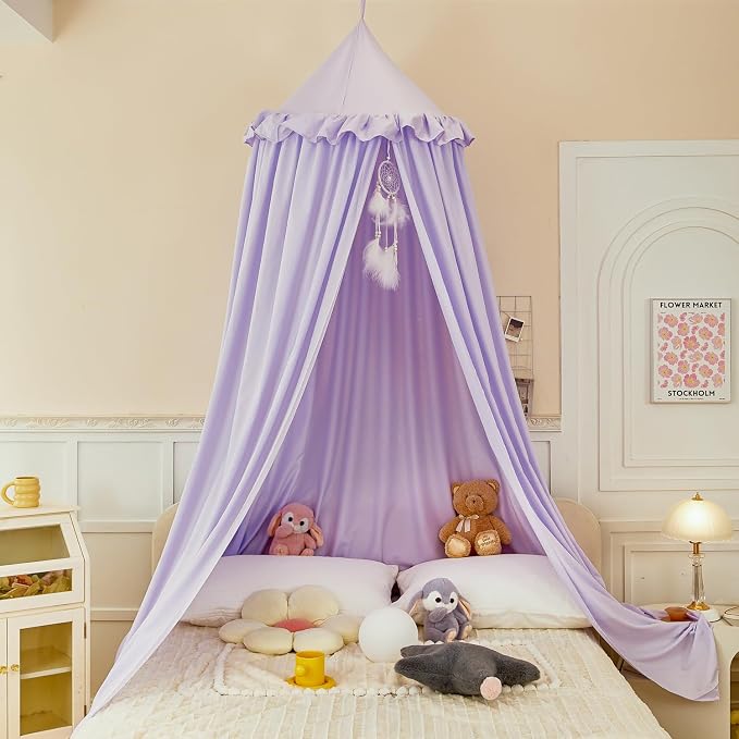 Princess Decor Canopy for Kids Bed, Soft and Durable Bed Canopy for Girls Room Tent Canopy Dreamy Mosquito Net Bedding, Children Reading Nook Canopies Indoor (Purple)