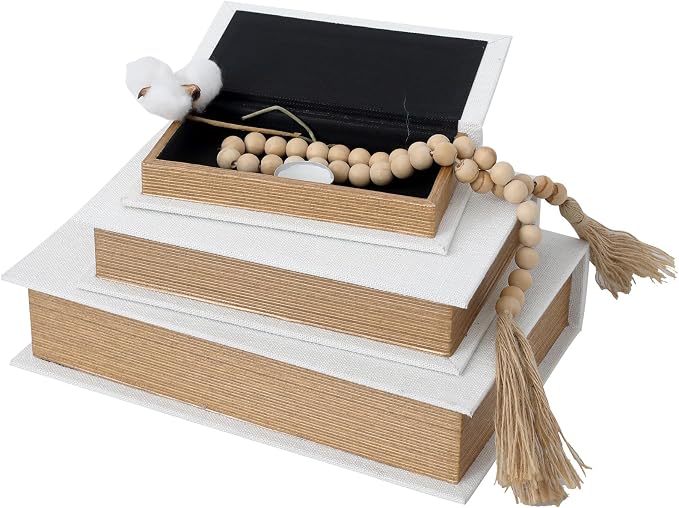 DECOR4SEASON Decorative Book Boxes Set of 3 – Modern Faux Linen & Wood Hidden Storage for Coffee Table – Stackable Fake Books for Shelf Decor, Remote Control & Jewelry Organizer (Off White)