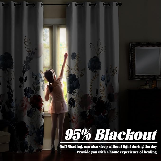 Renaiss Floral Blackout Curtains Watercolor Gray Blue and Red Peony Flower Bloossom Thermal Insulated Window Drapes for Bedroom 53W x 96L inches 2 Panel Set Window Curtains for Living Room