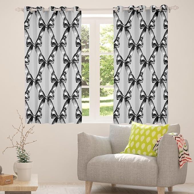 Erosebridal Kids Bow Window Curtain Bowknot 38" Wx54 L Curtain for Boys Girls Teen,Grey Black Bow Tie Window Treatments Ribbon Geometric Bowknot 30%-50% Blackout Curtains for Bedroom