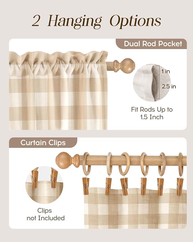 Miss Adola Farmhouse Kitchen Tier Curtains - 45 Inch Length Linen Blend Cafe Curtains Yellow Plaid Small Window Treatments Over Sink Rod Pocket for Bathroom Living Room Light Filtering, 2 Panels