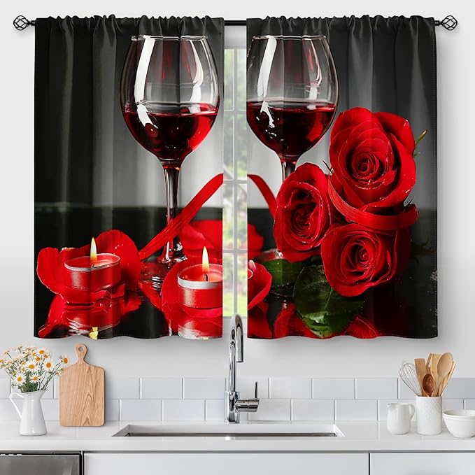 Wine Glass Red Rose Kitchen Curtains - Country Retro Romantic Flowers Rustic Short Cafe Tier Curtains Decor for Dining Room Valentine Floral Farmhouse Rod Pocket Window Drapes 2 Panels Set 28"x45"