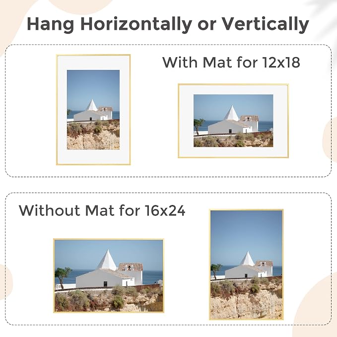 FLYJOE 16x24 Frame | 16x24 Gold Frame With Mat For 12x18 | Metal Aluminum Picture Frame With Tempered Glass | Minimalist Modern Poster Frame | Hanging Hardware Included | Set of 2, Gold