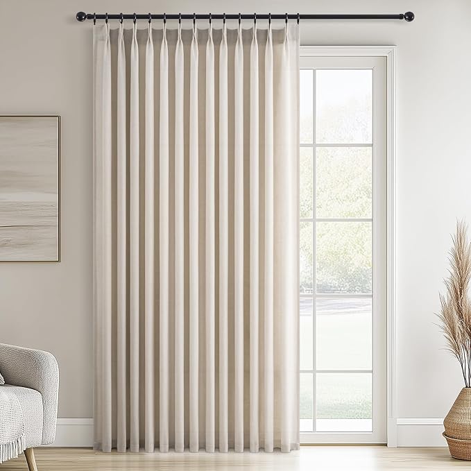 Topfinel 96 Inches Long Pinch Pleated Semi Sheer Curtains,Oatmeal Linen Blended Light Filtering Window Curtains 96 Length for Living Room Bedroom Pinch Pleat Drapes with Hooks 1 Panels 72" Wx96 L