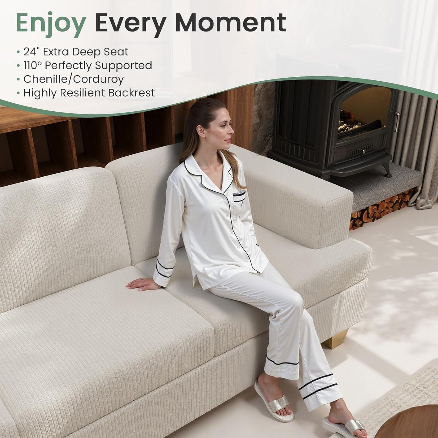 3 Pieces Corduroy Couch Set for Living Room, 3 Seater*2 & Loveseat Cloud Sofa, Deep Seat Floor Couch for Bedroom, Futon Modern Sofa Bed, White Corduroy