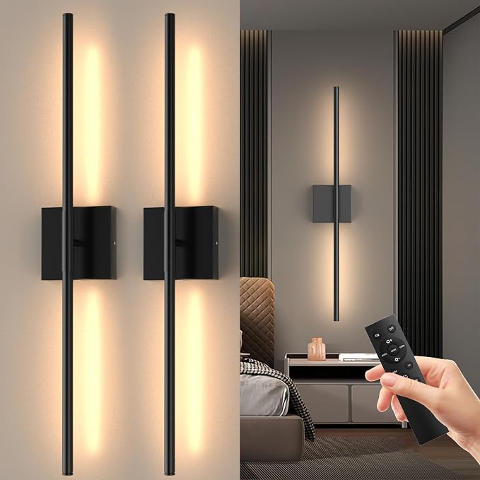 Tartek Battery Operated Wall Sconces Set of Two, Rechargeable Wall Lights with Remote Control, Dimmable 3000K-6000K LED Wall Lamp, 360°Rotate, Long Wireless Sconces for Living Room, Bedroom