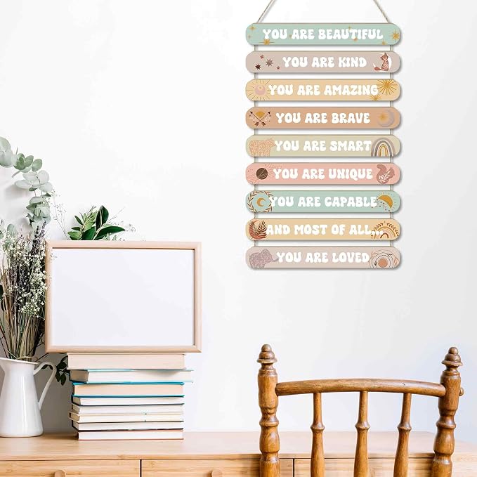 MONALET Boho Inspirational Motivational Wall Art Decor for Girls Room Nursery Baby Kids Playroom Bedroom Door, Positive Affirmations Hanging Wood Signs Decorations, Girly Wooden Plaque, 12x19