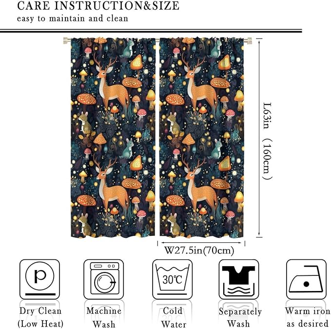 Fantasy Plant Curtains,Cute Woodland Deer Forest Animal Floral Mushroom Print Window Treatments for Bedroom Living Room Study Window Drapes 2 Panels Set,Total Size 55 x 63 Inch