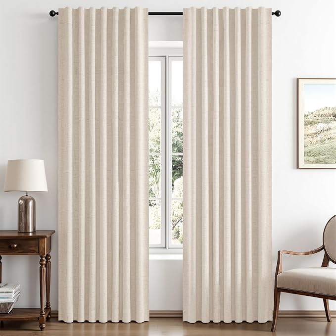 MIULEE 100% Blackout Linen Curtains for Bedroom, Cream Beige Solid Luxury Decor Thermal Insulation Room Darkening Drapes for Living Room Back Tab Rod Pocket 42 x 72 Inches, 2 Panels