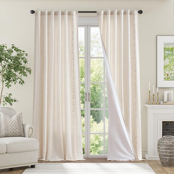 jinchan Weslie Boho Lined Linen Curtains for Bedroom Ivory Vintage Floral Farmhouse Curtains 96 Inches Long Linen Drapes for Living Room Embroidered Drapes Rod Pocket Ivory on Beige 2 Panels