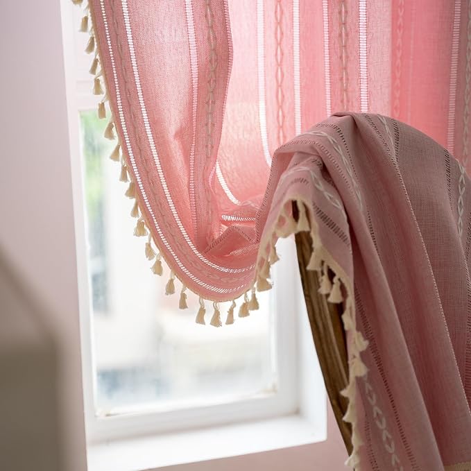 RoomTalks Cute Pink Textured Curtains for Girls Bedroom Nursery 63 Inches Length 2 Panels Light Filtering Boho Chic Tassel Window Curtain Panels Modern Farmhouse Draperies