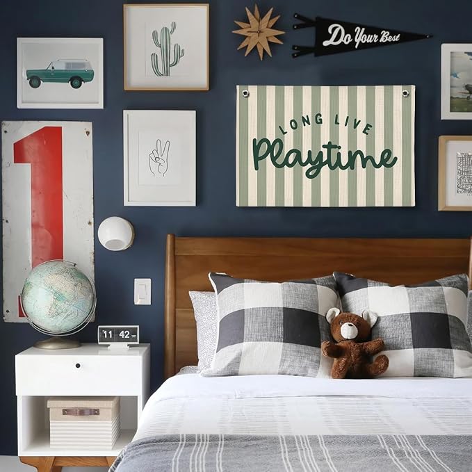 Playroom Decor, Long Live Playtime Wall Hanging Linen Banner, Green Striped Wall Flag for Play Room Decor, 20x30 Inch-Green