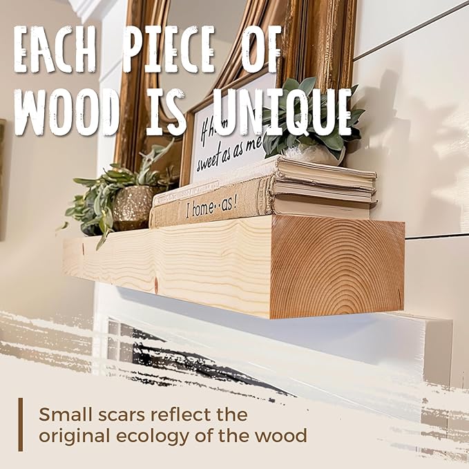 60x7x3 Fireplace Mantel - Solid Rustic Wood Wall Mounted Floating Shelf - DIY Color - with Invisible Heavy Duty Steel Bracket