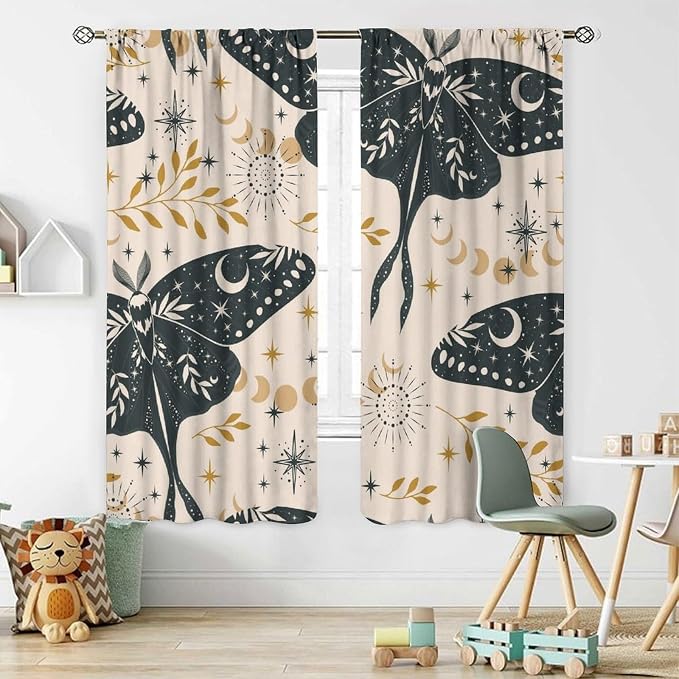 Witchy Curtains, Goth Curtains, Moth Decor, Star Curtains, Moth Curtains Darkening Curtains Botanical Curtains for Bedroom Living Room W63xL72 Inch