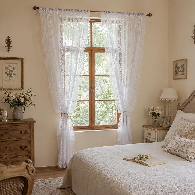 TUDECO White Lace Curtains 84 Inches Long - Vintage Knitted Lace Sheer Curtains for Living Room Victorian Flower Frilly Light Filtering Privacy Frilly Window Treatment 2 Panels, 59 x 84 Inch
