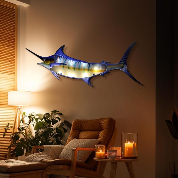 LIFFY Metal Fish Wall Decor,36" Large Marlin Wall Decor with Led Lights,Indoor Outdoor Mounted Ocean Hanging Decorations for Garden Patio Living Room Bedroom,Gift for Home Decor & Nautical Lover
