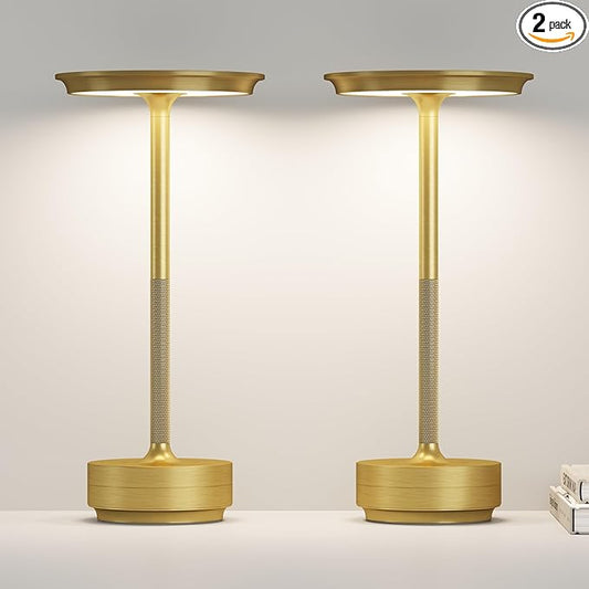 Cordless Rechargeable Table Lamp,LED Portable Touch 5000mAh Battery Operated Table Lights,with Memory Function 3-Level Brightness for Patio,Bars,Outdoor Camping,Dining,café(2P Gold)