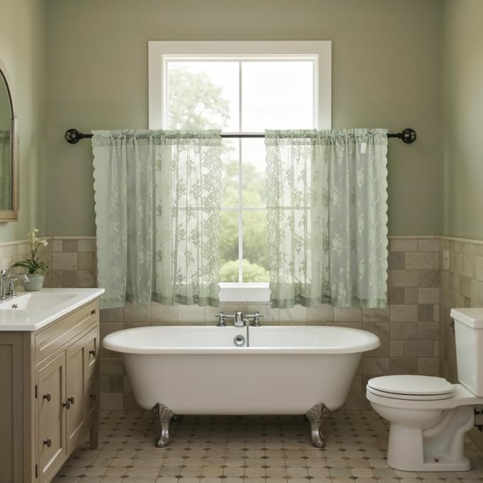 Kotile Sage Green Sheer Curtains 54 Inch Length, Rustic Floral Sheer Lace Curtains for Bedroom, Privacy Scalloped Green Lace Curtains, 52 x 54 Inch, 2 Panels, Sage Green