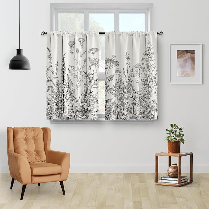 Aimego Flower Leaves Kitchen Curtains - Grey Floral Spring Rustic Plant Botanical Cafe Farmhouse Small Short Curtains for Bathroom Living Room Rod Pocket Window Drapes 24 Inch Length 2 Panels Set