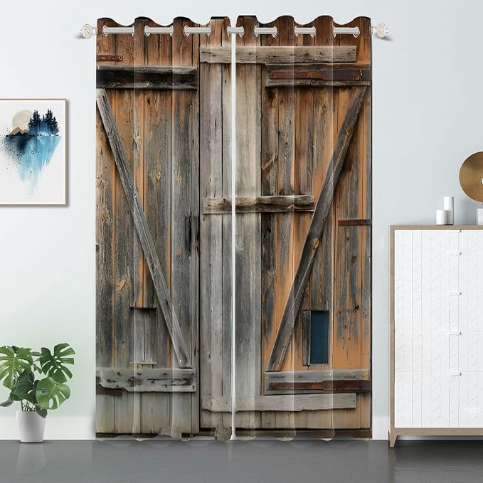 Old Grey Wood Barn Door Window Curtains American Rustic Garage Door Curtains Vintage Wooden Door Window Drapes Wood Planks Rural Style Native Farmhouse Bedroom Treatment,42x108 inch,2 Panels