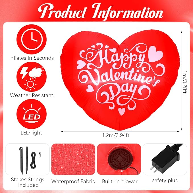 VIHOSE Valentines Day Inflatable Heart Decoration with LED Lights – 4 FT Love Heart Blow Up Yard Decor Happy Valentines Day Outdoor Lawn Porch Wedding Romantic Events
