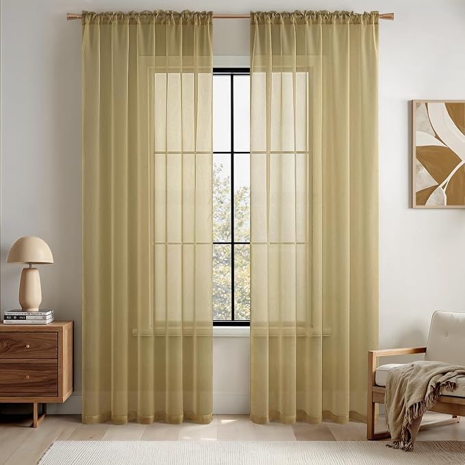MIULEE 2 Panels Solid Color Sheer Window Curtains Elegant Window Voile Panels/Drapes/Treatment for Bedroom Living Room (54X90 Inches Dark Gold)