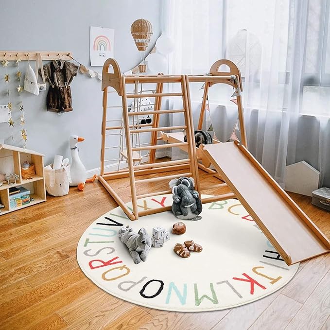 Topotdor Rainbow Round Kids Play Rug Alphabet Nursery Area Rug Extra Large Soft Crawling Play Mat for Children Toddlers Bedroom (96 inch, Multi Color)