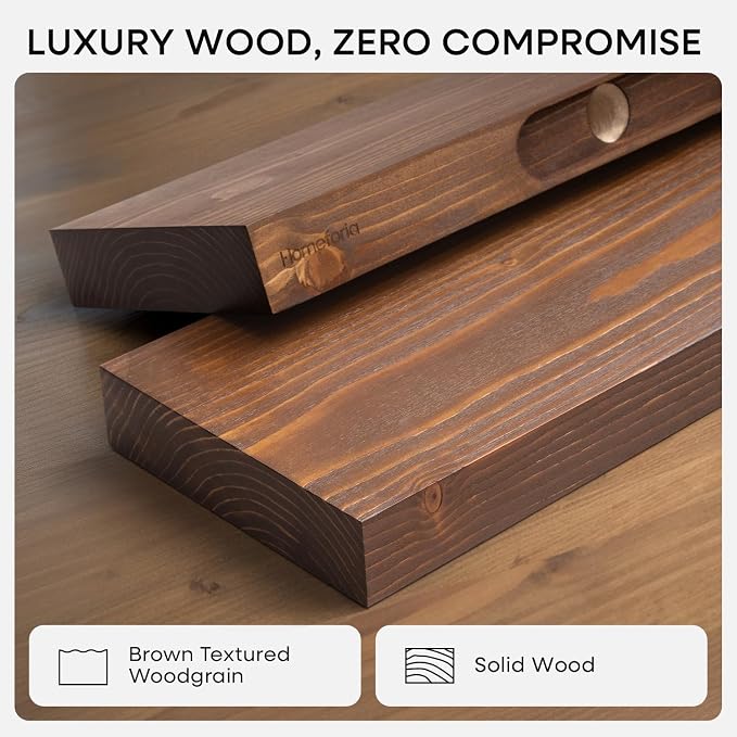 Homeforia Classic Walnut 24 inch Floating Shelf, High End Solid Real Wood Small 24inch Floating Shelves for Wall Mounted, 24in Floating Shelves, Heavy Duty Bracket, 24 X 6.5 X 1.75 inches, Set of 4