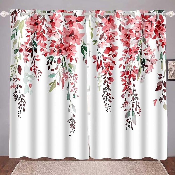 Red Watercolor Floral Curtains, 52x84 inch, 2 Panels | Botanical Leaves Vine Flowers, Rustic Farmhouse, Blackout Window Treatment, For Bedroom Living Room