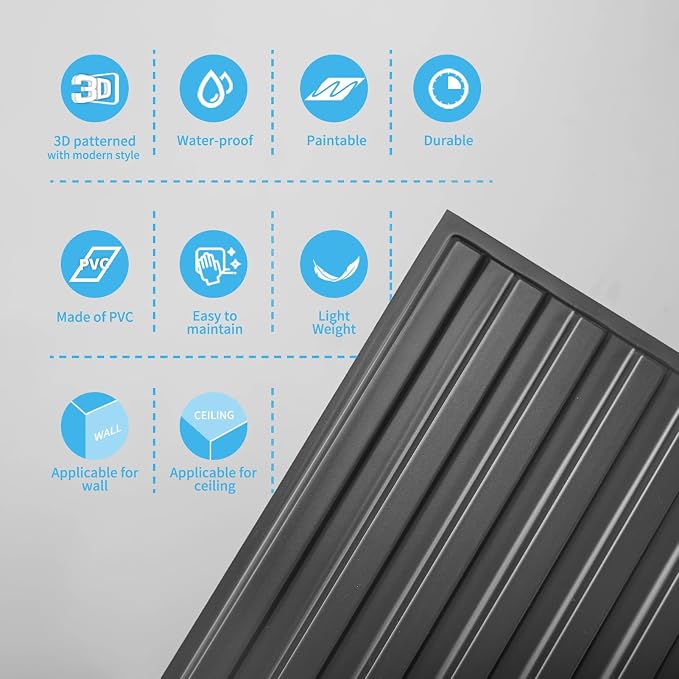 Art3d 12-Pack Slat Design 3D Wall Panels for Interior Wall Decor, 2x4 FT PVC Decorative Drop Ceiling Tiles - Black