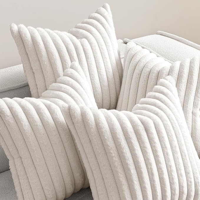 MIULEE Faux Fur Plush Decorative Throw Pillow Covers 20x20 Set of 4, Modern Soft Fuzzy Striped Cushion Covers for Spring Sofa Couch Bed Living Room Cozy Home Decor,Pure White