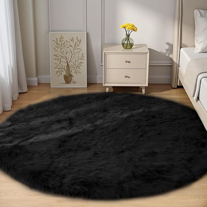 Goolela Black Round Area Rug 6ft Fluffy Fuzzy Circle Rug for Bedroom Living Room Faux Sheepskin Fur Plush Shaggy Washable