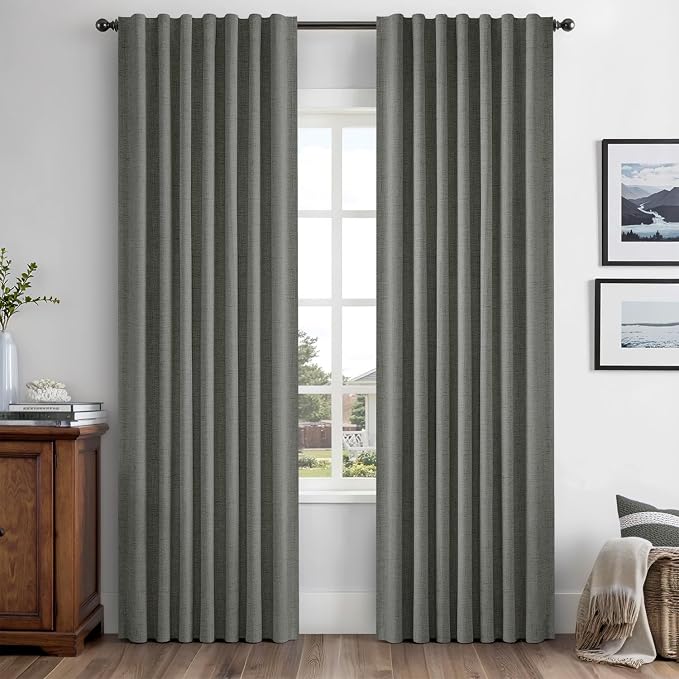 MIULEE 100% Blackout Linen Curtains for Bedroom, Dark Grey Solid Luxury Decor Thermal Insulation Room Darkening Drapes for Living Room Back Tab Rod Pocket 42 x 63 Inches, 2 Panels